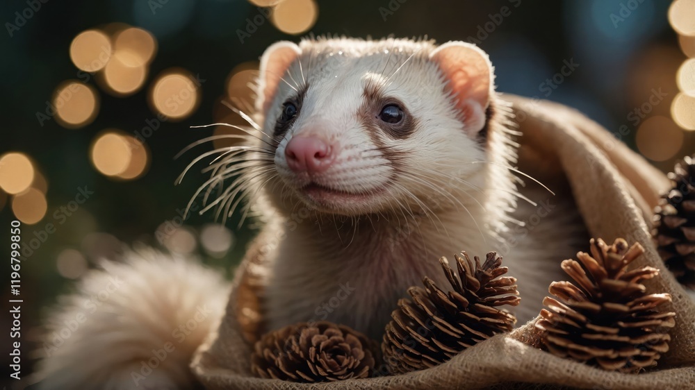 A cute ferret nestled in a cozy setting with pine cones and soft lighting. A cute ferret nestled in a cozy setting with pine cones and soft lighting.