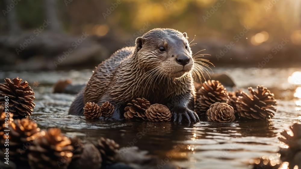 A playful otter among pinecones in a serene river setting during golden hour. A playful otter among pinecones in a serene river setting during golden hour.