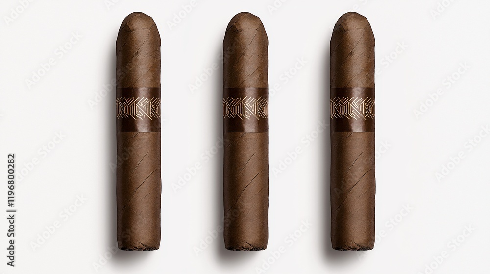 Three premium cigars with brown bands on white background. Three premium cigars with brown bands on white background.