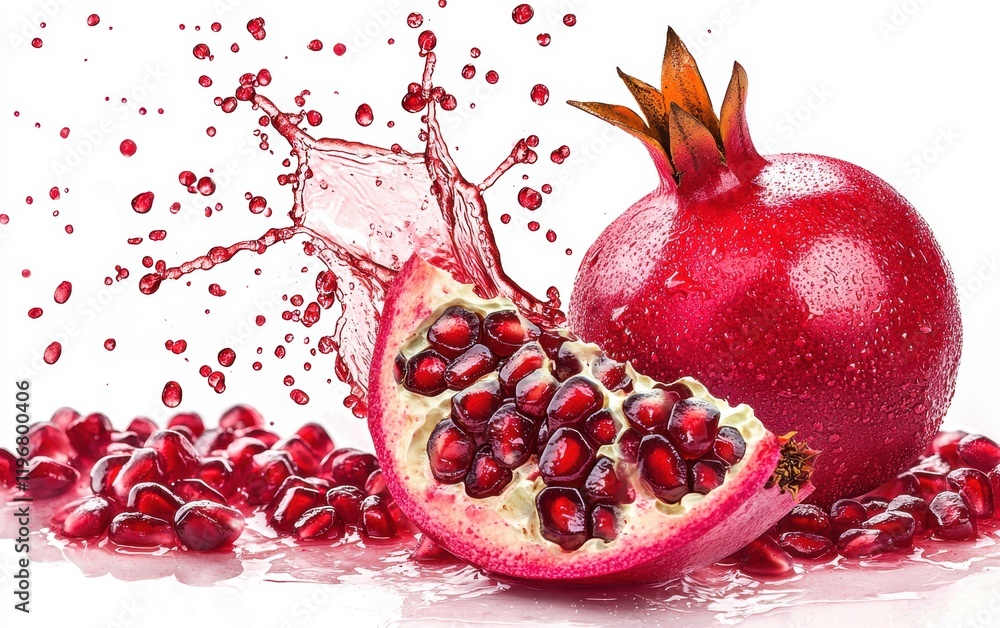 A vibrant splash of ruby-red pomegranate juice, with fine mist and droplets captured in motion on a bright white background A vibrant splash of ruby-red pomegranate juice, with fine mist and droplets captured in motion on a bright white background