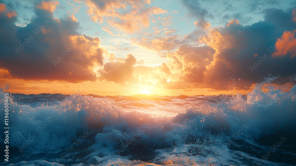 Fototapeta premium Sunset over turbulent ocean waves creates a captivating landscape at twilight