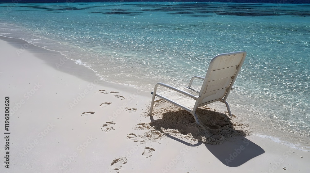 A serene beach scene with a solitary chair partially buried in the sand leaving a trail of footprints leading towards the calm turquoise waters of the ocean This image evokes a sense of tranquility A serene beach scene with a solitary chair partially buried in the sand leaving a trail of footprints leading towards the calm turquoise waters of the ocean This image evokes a sense of tranquility