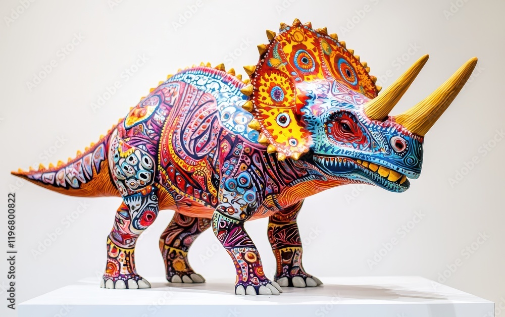 Fototapeta premium A vibrant Triceratops standing confidently, with intricate skin patterns, displayed on a bright white surface