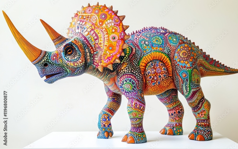 Obraz premium A vibrant Triceratops standing confidently, with intricate skin patterns, displayed on a bright white surface