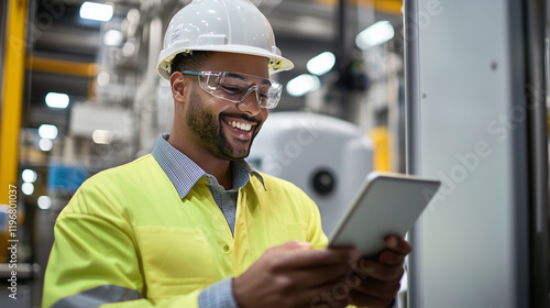 In a bright, sterile manufacturing facility, a smiling worker reviews operational data on a tablet. The clean lines of machinery and attention to detail reflect a commitment to qua photo