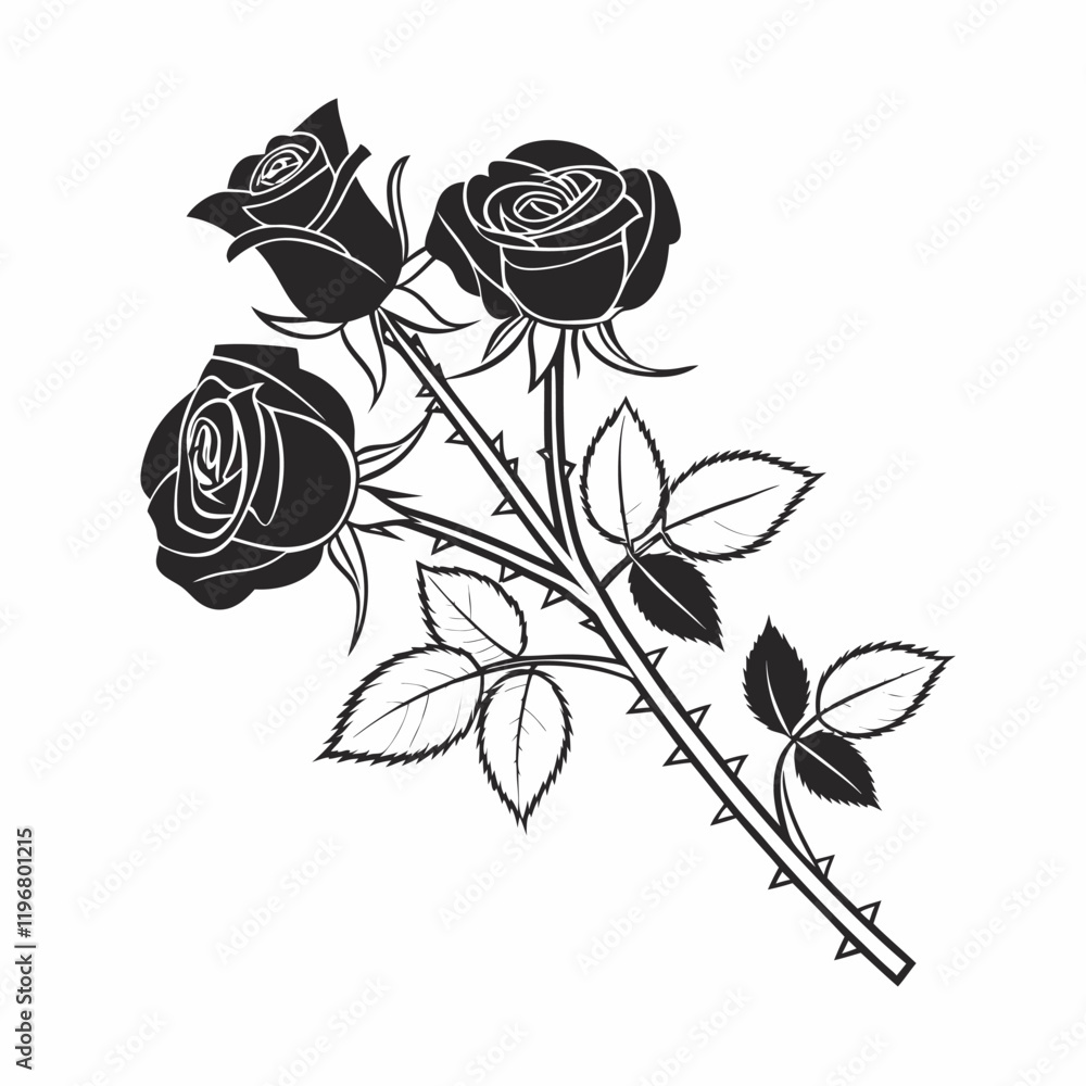 Obraz premium rose with leaves silhouette vector illustration white background.
