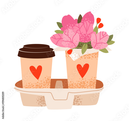 Flat vector illustration of a bouquet with a takeaway coffee cup. Valentine's Day or morning celebrations.