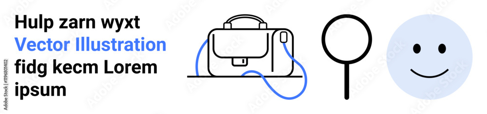 Business briefcase, magnifying glass, blue happy face, and black and blue text. Ideal for business presentations, website headers, educational materials, user interfaces, marketing, infographics Business briefcase, magnifying glass, blue happy face, and black and blue text. Ideal for business presentations, website headers, educational materials, user interfaces, marketing, infographics