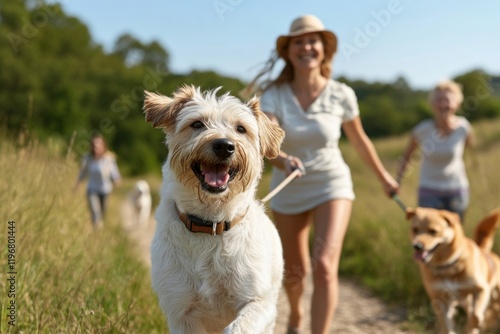 happy woman is a professional dog walker and trainer, walking in nature with her pets on leashes. the scene is lively and energetic: a woman and dogs enjoying themselves, a dog handler zoopsychologist photo