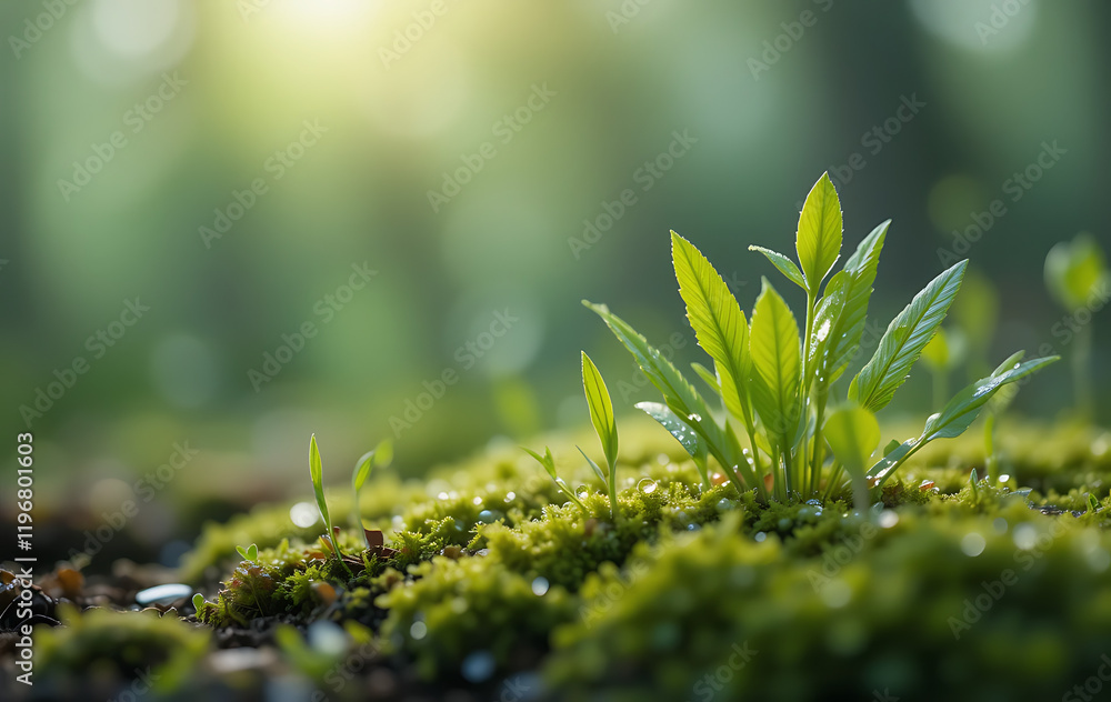 Green moss on stone and ground with lush grass in a spring garden Green moss on stone and ground with lush grass in a spring garden
