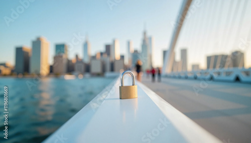 Minimalist love lock on modern bridge with city skyline, eternal love photo