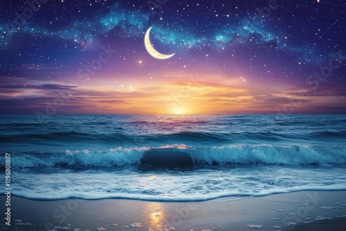 Serene Twilight Over Ocean Waves with Mystical Moon and Starry Night Sky Creating a Dreamy Atmosphere at Dusk