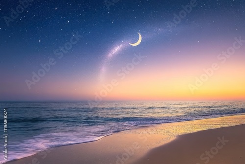 Serene Night Sky with Crescent Moon Over Tranquil Ocean Waves and Colorful Horizon at Dusk, Capturing the Beauty of Nature's Nighttime Splendor