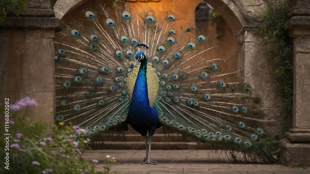 Obraz premium A vibrant peacock displays its colorful feathers in a picturesque setting.