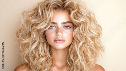 Beautiful young woman with voluminous blonde curly hair posing for a beauty portrait against a neutral studio background.