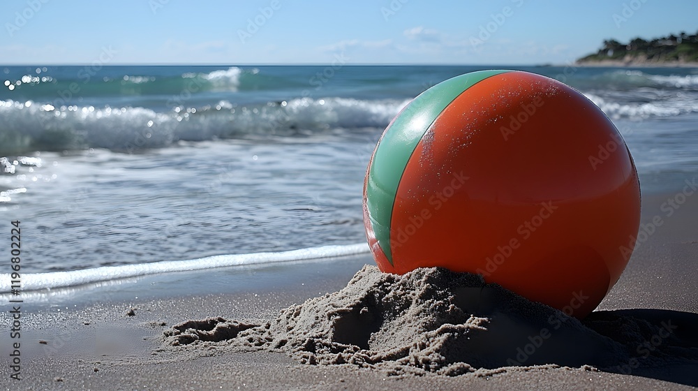 A vibrant beach ball partially buried in the soft golden sand with the tranquil ocean horizon and crashing waves in the background creating a serene and playful coastal scene A vibrant beach ball partially buried in the soft golden sand with the tranquil ocean horizon and crashing waves in the background creating a serene and playful coastal scene