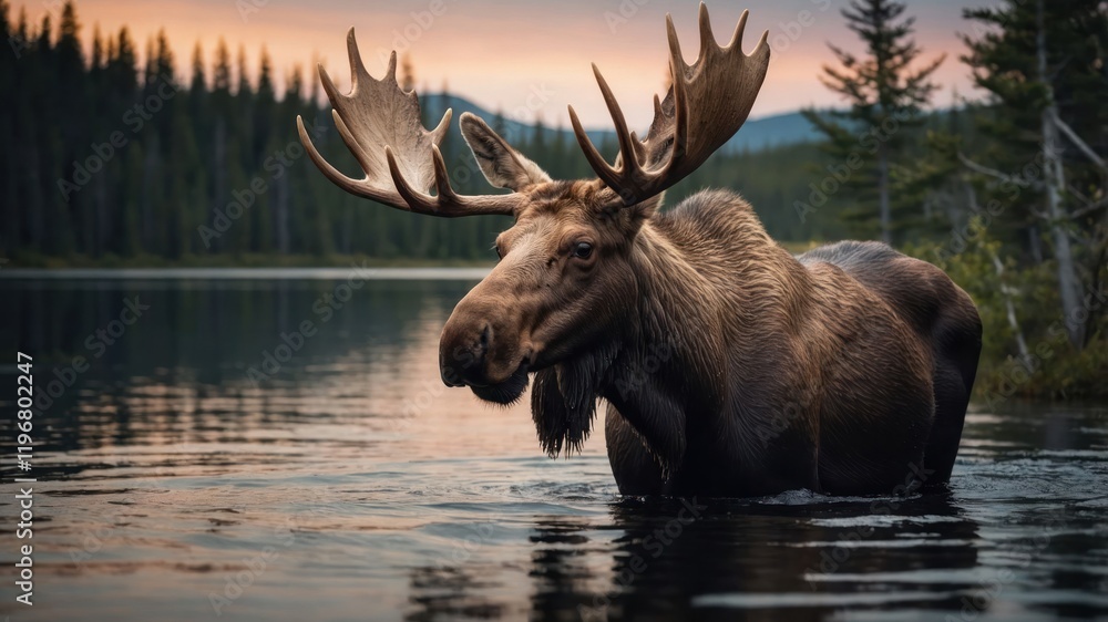 A moose wades through a tranquil lake surrounded by lush trees at sunset. A moose wades through a tranquil lake surrounded by lush trees at sunset.