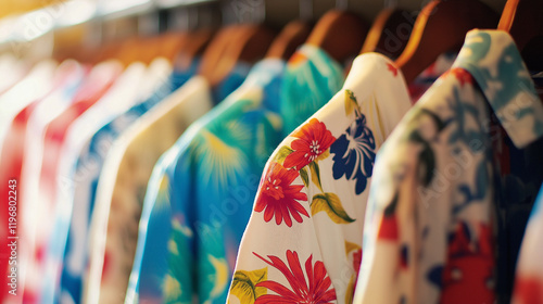 Rack of colorful Hawaiian shirts with floral patterns. Great for summer fashion retail, beach wear, or vacation clothing display.