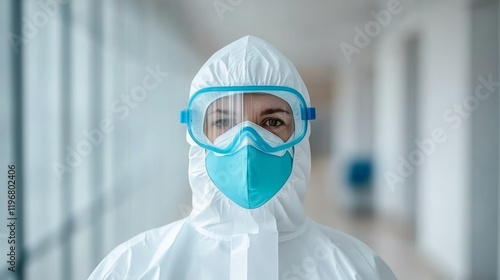 Sterile Healthcare Setting Medical Professional in PPE with Blurred Corridor - Modern Safety Protocol Imagery for Hospital Branding and Infection Control Content photo