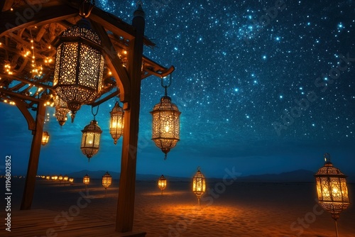 Enchanting Night Scene of Ornate Lanterns Illuminating Desert Landscape Under Starry Sky with Decorative Pergola and Calm Atmosphere