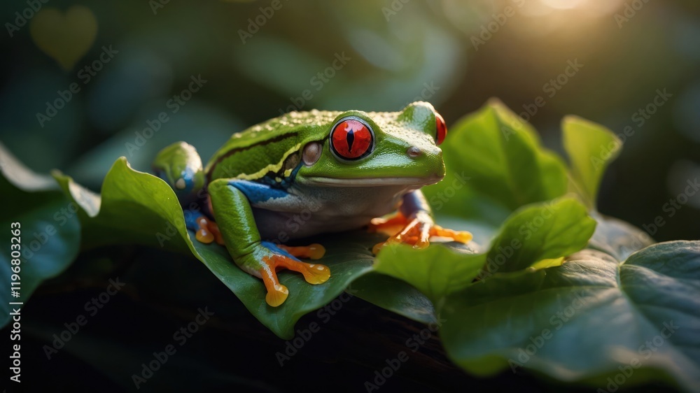 A vibrant red-eyed tree frog perched on green leaves, showcasing its colorful features. A vibrant red-eyed tree frog perched on green leaves, showcasing its colorful features.