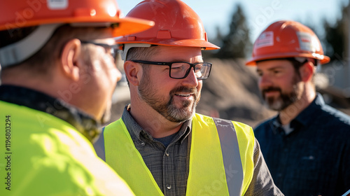 On a construction site, a team of engineers in reflective vests and helmets collaborates using a tablet to review project updates. The camaraderie and advanced tools highlight prog photo