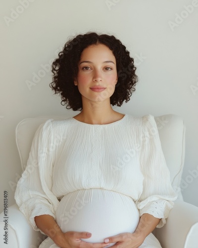 Soft Minimalist Maternity Curly-Haired Latina Woman in White on Cotton Couch Modern Prenatal Health Imagery for Family Wellness and Healthcare Marketing photo