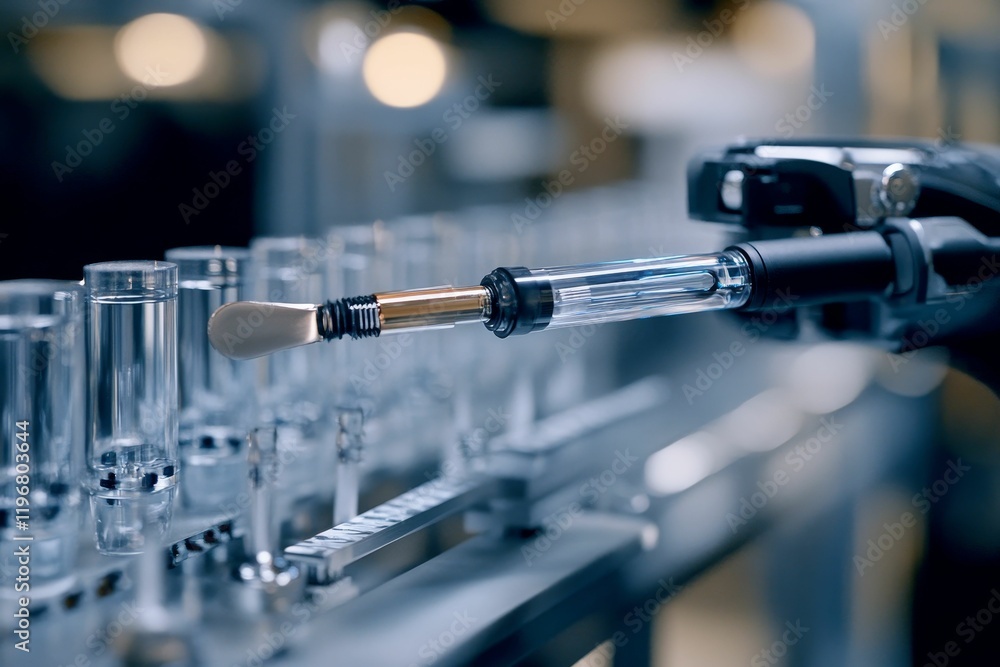 Automated machine fills transparent containers. Automated machine fills transparent containers.