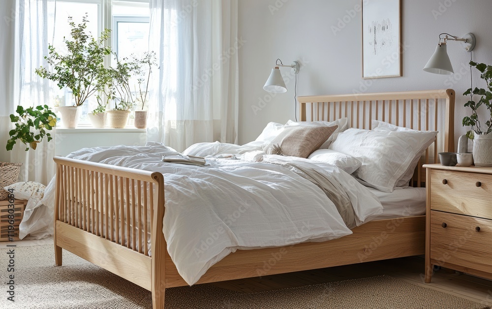 Obraz premium Cozy Scandinavian bedroom with light wood furniture and soft textiles