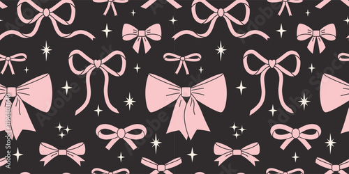 Seamless pattern with beautiful pink ribbon bow, bowknot and stars. Coquette and balletcore aesthetic, girly accessory. Trendy modern vector illustration on black background, hand drawn, flat design