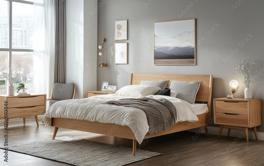 Cozy Scandinavian bedroom with light wood furniture and soft textiles Cozy Scandinavian bedroom with light wood furniture and soft textiles
