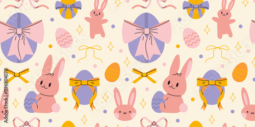 Seamless pattern with cute rabbits, Easter eggs, bows and stars. Traditional holiday decor. Trendy modern vector illustration on light background, hand drawn, flat design