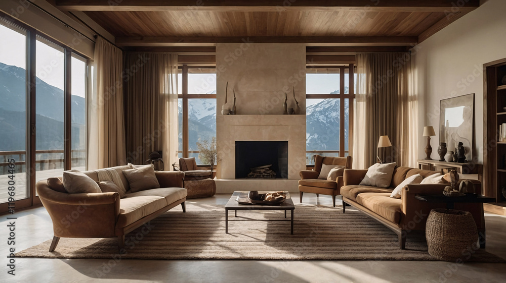 Fototapeta premium High end European living room featuring beige sofa fireplace and wood coffee table with classic touches Design Inspiration