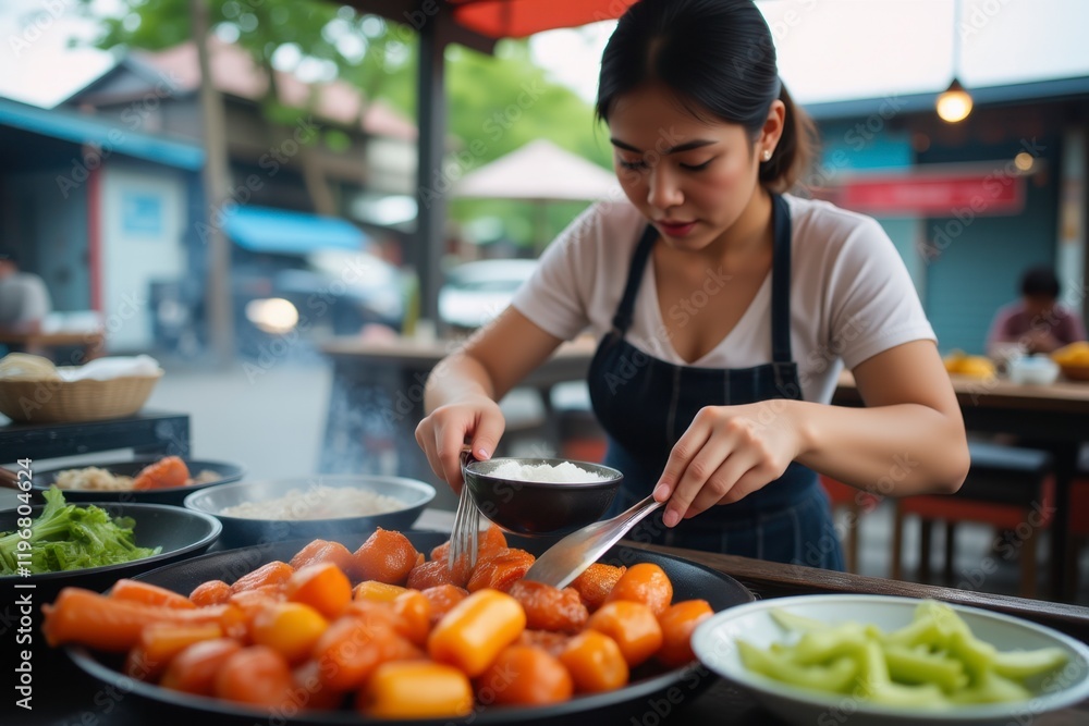 Young Asian Woman Cooking Sweet Treats at Outdoor Food Stall Street Food Vendor Preparing Delicious Young Asian Woman Cooking Sweet Treats at Outdoor Food Stall Street Food Vendor Preparing Delicious