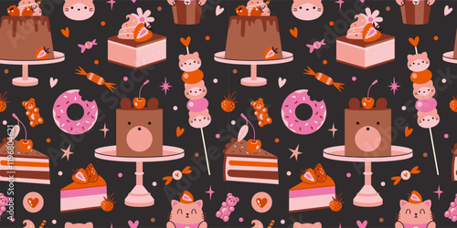 Cute Seamless pattern with cakes, cupcakes and candies. Sweets, desserts with kawaii animals and berries. Trendy modern vector illustration on black background, hand drawn, flat design