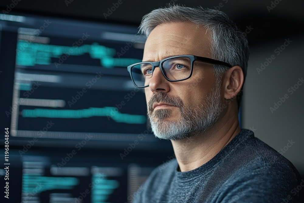 man thoughtfully looks at a computer screen with a lot of text and diagrams on it, He is focused and serious, solving a difficult problem. The chart shows fluctuations in the stock market. man thoughtfully looks at a computer screen with a lot of text and diagrams on it, He is focused and serious, solving a difficult problem. The chart shows fluctuations in the stock market.