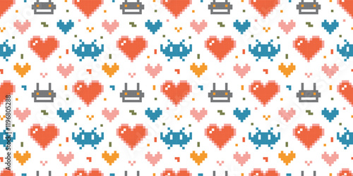 Pixel art Seamless pattern with alien, robot and hearts, digital drawing, retro style. Trendy modern vector illustration on white background, hand drawn, flat design