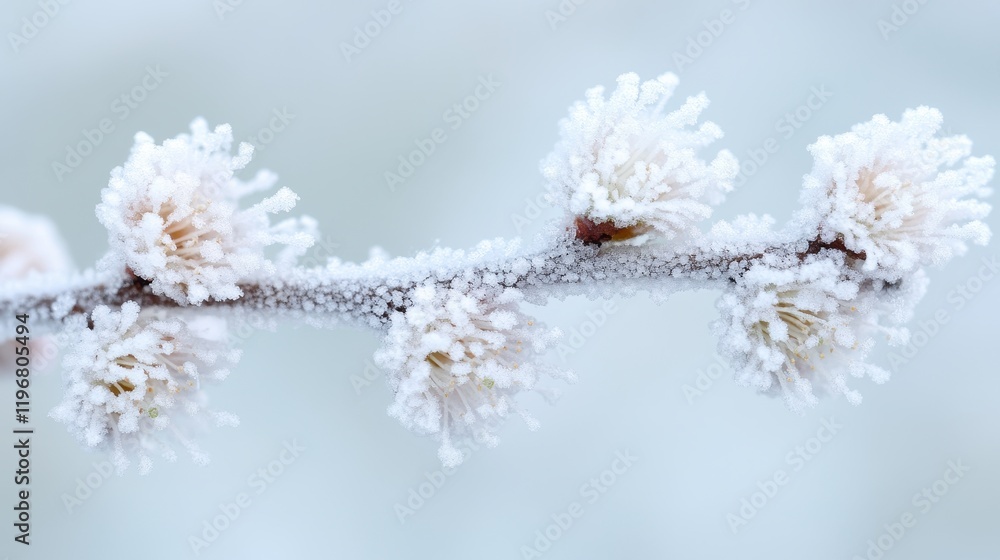 Frosty Blossom Branches in Serene Winter Garden Frosty Blossom Branches in Serene Winter Garden