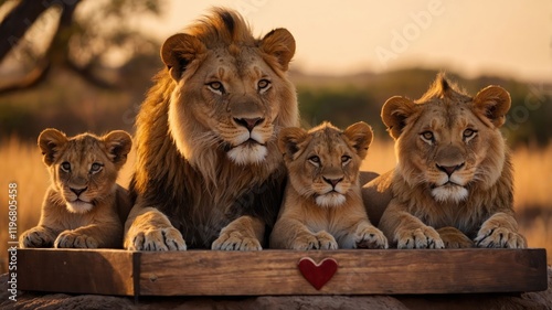 A majestic lion with three cubs on a wooden platform, showcasing family bonds in nature.