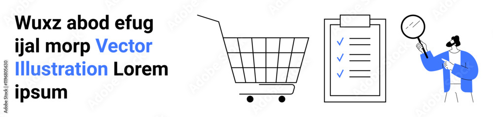 Shopping cart, clipboard with checkmarks, person holding a magnifying glass. Ideal for e-commerce, online shopping, task management, business analysis, marketing, project planning, retail. Banner Shopping cart, clipboard with checkmarks, person holding a magnifying glass. Ideal for e-commerce, online shopping, task management, business analysis, marketing, project planning, retail. Banner