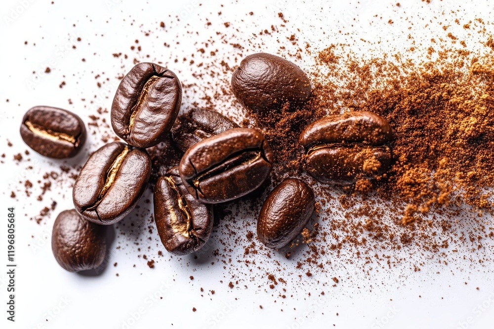 dynamic coffee bean explosion with scattered fragments and aromatic dust frozen moment of impact clean white backdrop commercial style dynamic coffee bean explosion with scattered fragments and aromatic dust frozen moment of impact clean white backdrop commercial style