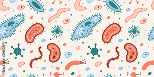 Seamless pattern with simplest unicellular organisms, bacteria and viruses, microorganisms under a microscope. Trendy modern vector illustration on light background, hand drawn, flat design