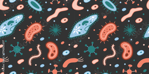 Seamless pattern with simplest unicellular organisms, bacteria and viruses, microorganisms under a microscope. Trendy modern vector illustration on black background, hand drawn, flat design