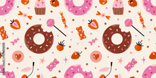 Cute Seamless pattern with glazed donuts, cupcakes, candies and berries. Sweets and desserts concept. Trendy modern vector illustration on light background, hand drawn, flat design
