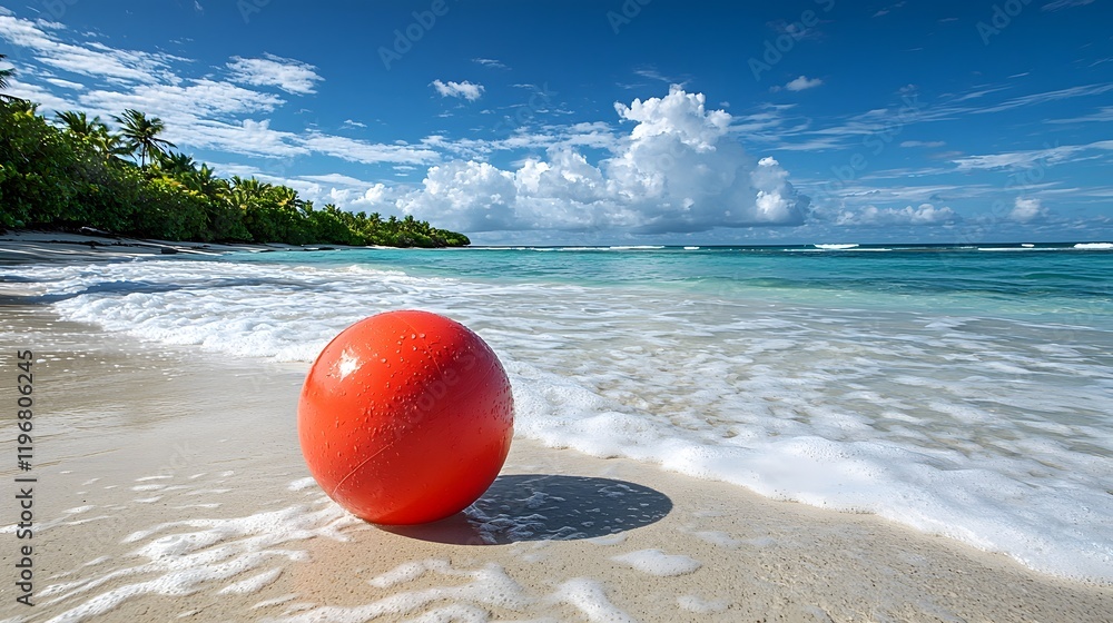 Floating red beach ball gently resting on calm ocean waves with lush tropical island in the background creating a serene and idyllic vacation scene Floating red beach ball gently resting on calm ocean waves with lush tropical island in the background creating a serene and idyllic vacation scene