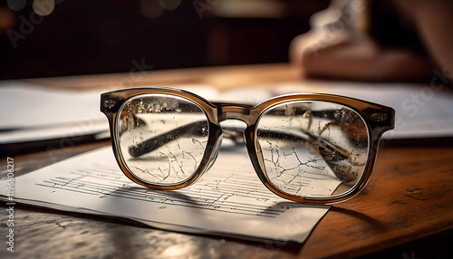Close-up of cracked eyeglasses resting on sheet music.  Warm lighting and shallow depth of field create a moody, nostalgic feel, perfect for concepts of memory, loss, or artistic inspiration.