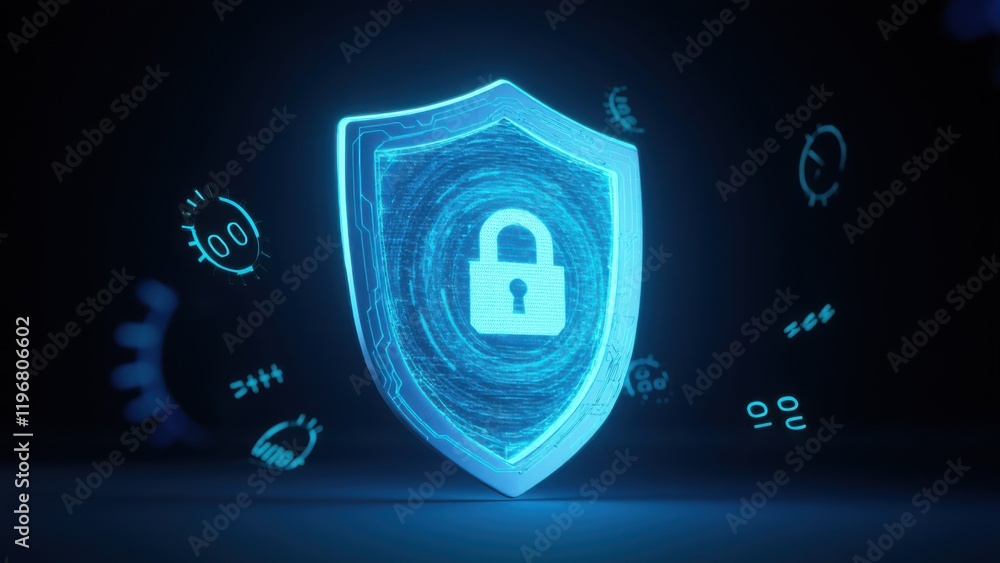 Fototapeta premium Shield with digital patterns and a holographic lock symbolizes encryption and protection. Binary code and symbols showcase advanced data security