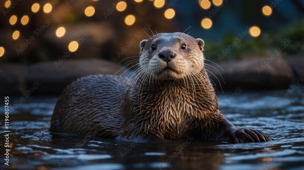 A playful otter emerges from water, surrounded by soft, glowing lights in a serene setting. A playful otter emerges from water, surrounded by soft, glowing lights in a serene setting.