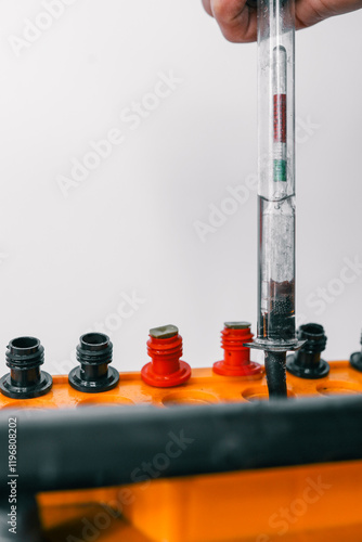 Obraz na plátně A close-up of a hydrometer measuring fluid density in a yellow car battery