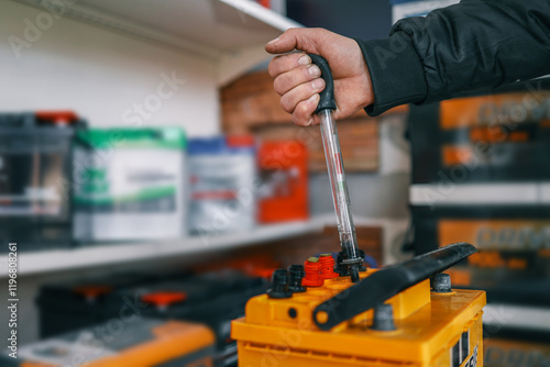 Принти на полотні A person using a hydrometer to test a yellow car battery, with visible red and black terminals